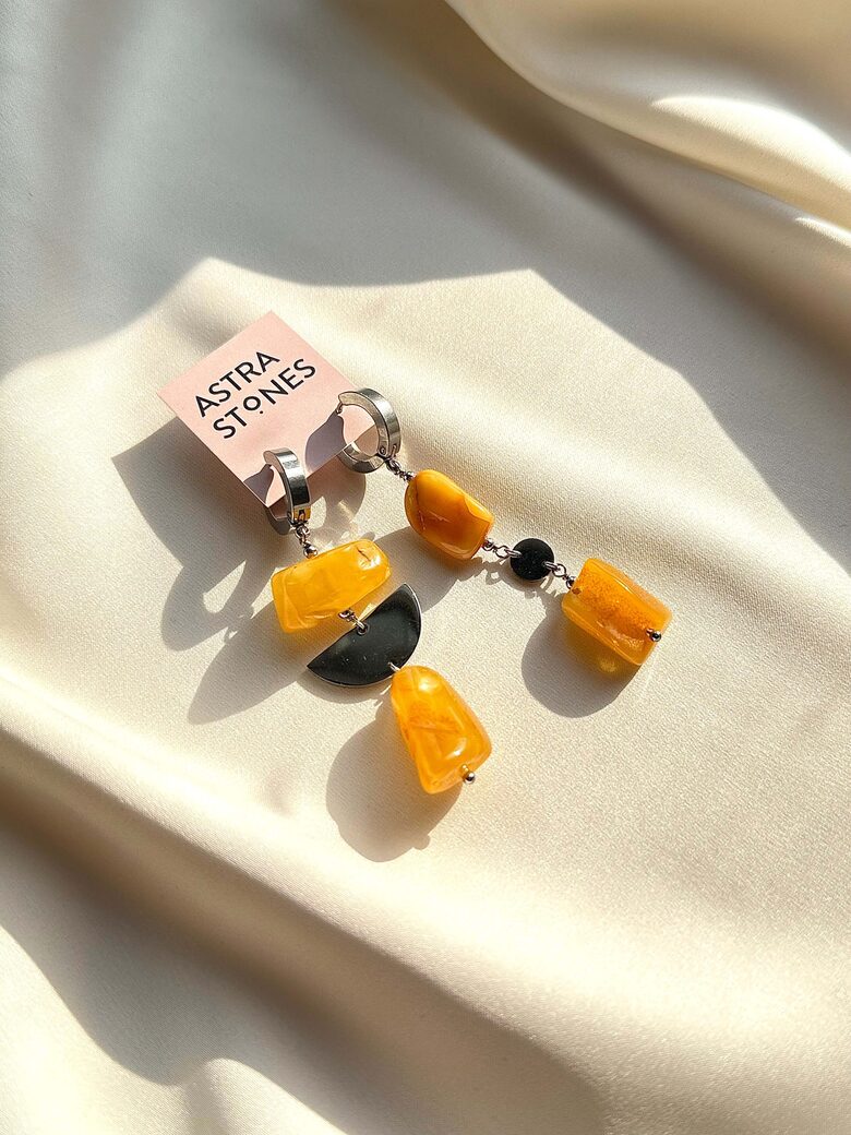 Asymmetrical Earrings with Amber